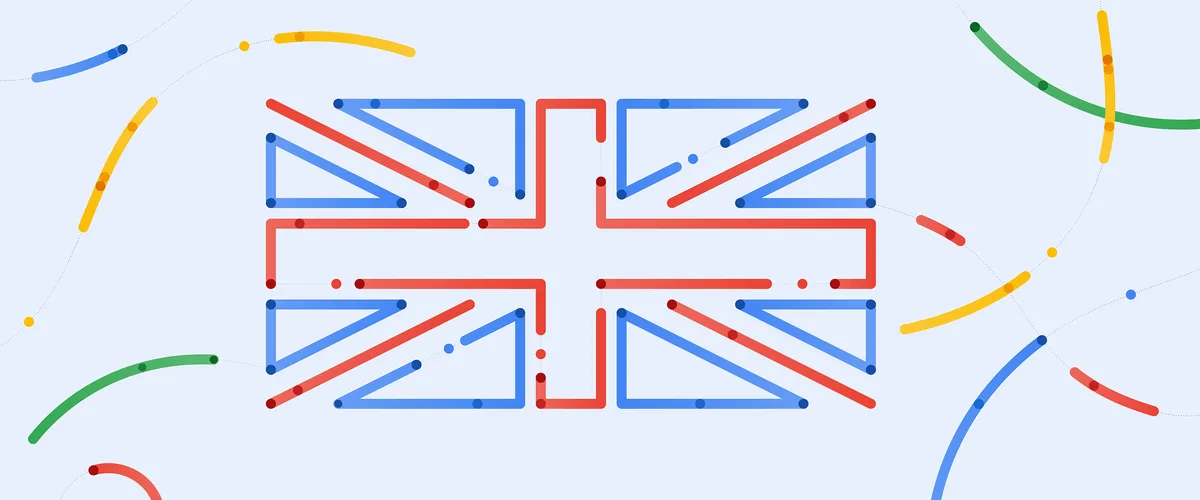 Illustration depicting the British flag made up of blue and red brushstrokes
