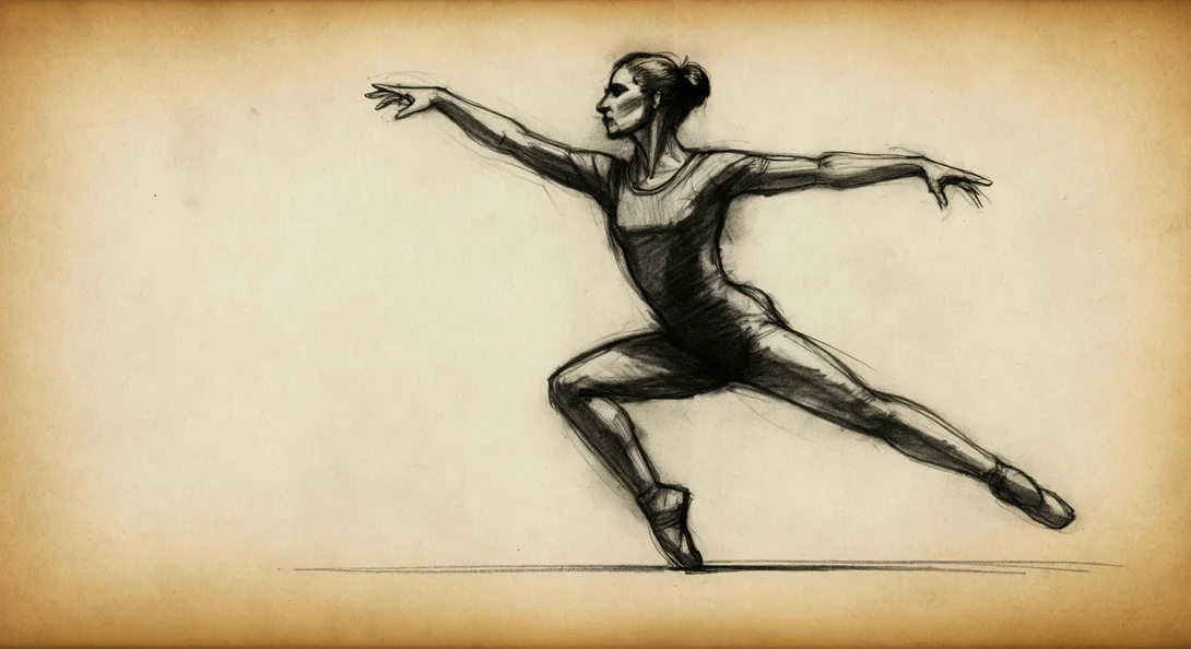 Prompt: Abstract sketch: A blur of expressive lines and energy captures the dynamic movement of a dancer in a gestural charcoal drawing. Sketch on aged parchment paper.