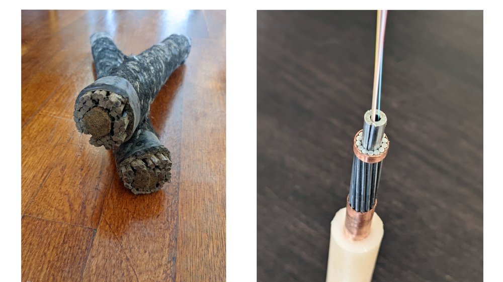 Two photographs next to each other, the first showing a cable with outer protection surrounding it. The second photograph shows a stripped cable with copper wires and optical fibers inside.