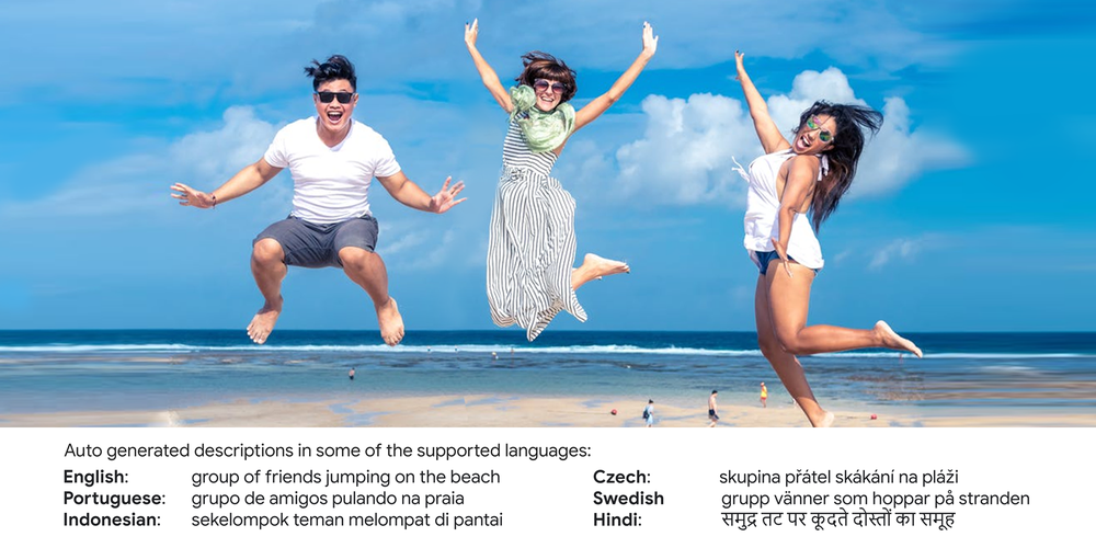 group of friends jumping on the beach