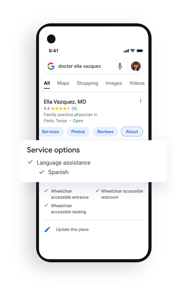 Mobile image showing Language Assistance feature on healthcare Business Profiles.