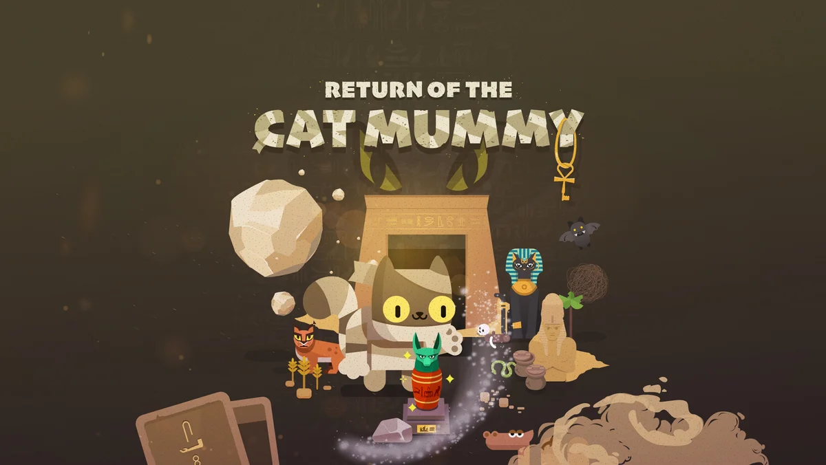 Game poster showing the title “Return of the Cat Mummy” and different characters found in the game. In the center the cat mummy is extending its paw to touch a canopic jar.