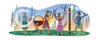 An image of a recent Doodle on Google’s homepage with 5 abstract characters playing Stickball, a traditional sport created by Indigenous tribes.