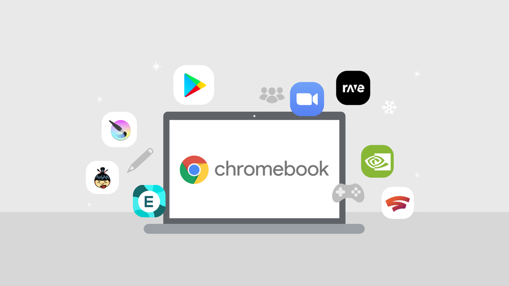 An illustrated image of a Chromebook with seven apps and falling snowflakes around it