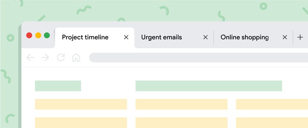 An illustration of how to restore a Chrome window. There is Chrome browser with tabs open saying "Project timeline," "Urgent emails" and "Online shopping."