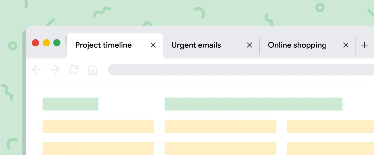 An illustration of how to restore a Chrome window. There is Chrome browser with tabs open saying "Project timeline," "Urgent emails" and "Online shopping."