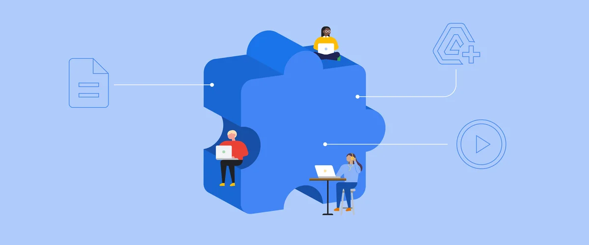 An illustration for a puzzle piece with people sitting on the edges working on their laptops. There are Chrome extension logos floating around them.