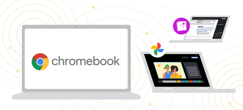 Three illustrated Chromebooks float on a white background. The largest Chromebook has the Chromebook logo in it, another shows an animated version of the new Google Photos video editor, and the third shows an animated version of PDF editing.