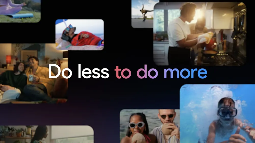 The text "do less to do more" appears at the center of the screen, with blurred images of people behind it.