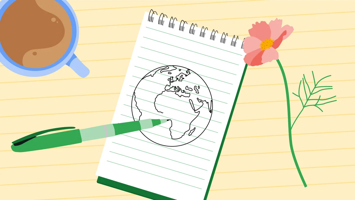 Illustration of a notepad with a pen drawing a picture of a globe on it. Next to it is a mug of coffee and a flower.