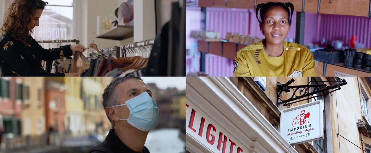 Images of various small European businesses owners and customers in the context of the pandemic