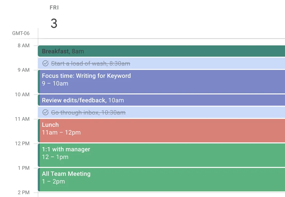 A close-up of a Friday morning schedule in Google Calendar with meals, tasks and meetings blocked and color-coded by project.