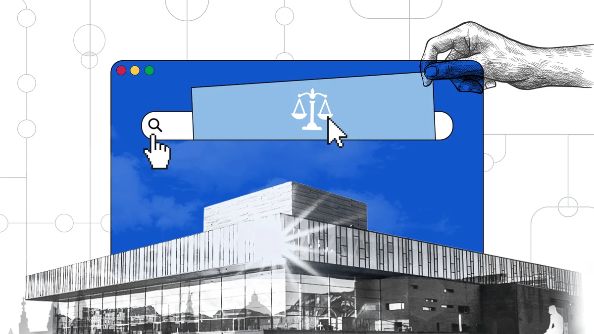 Illustration of a black and white building with a blue web browser behind it and a symbol of the scales of justice