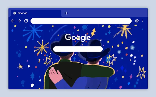 Chrome browser theme with two people wearing cowboy hats with their arms around one another looking at fireworks.