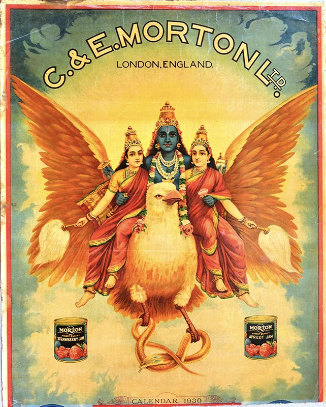 ‘Vishnu Garuda Vahan’, in advertisement for jam by C. & E. Morton Ltd. UK, by Ravi Varma Press, from the collection of The Ganesh Shivaswamy Foundation