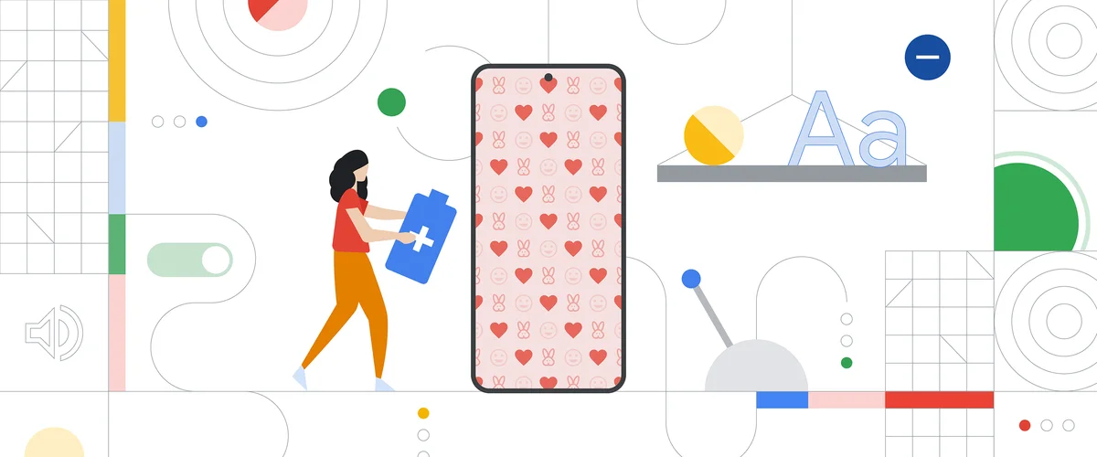 An illustration of a person holding a battery icon walking toward an illustrated Pixel phone. The phone shows a wallpaper full of emoji and hearts. The background of the image shows various abstract drawings representing Pixel features, like display text