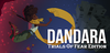 Dandara: Trials of Fear Edition mobile game image depicting the title character with her large yellow scarf flying in the wind, jumping into the nighttime sky away from a blast of red fire embers and a two-eyed tentacled monster below, towards a small town