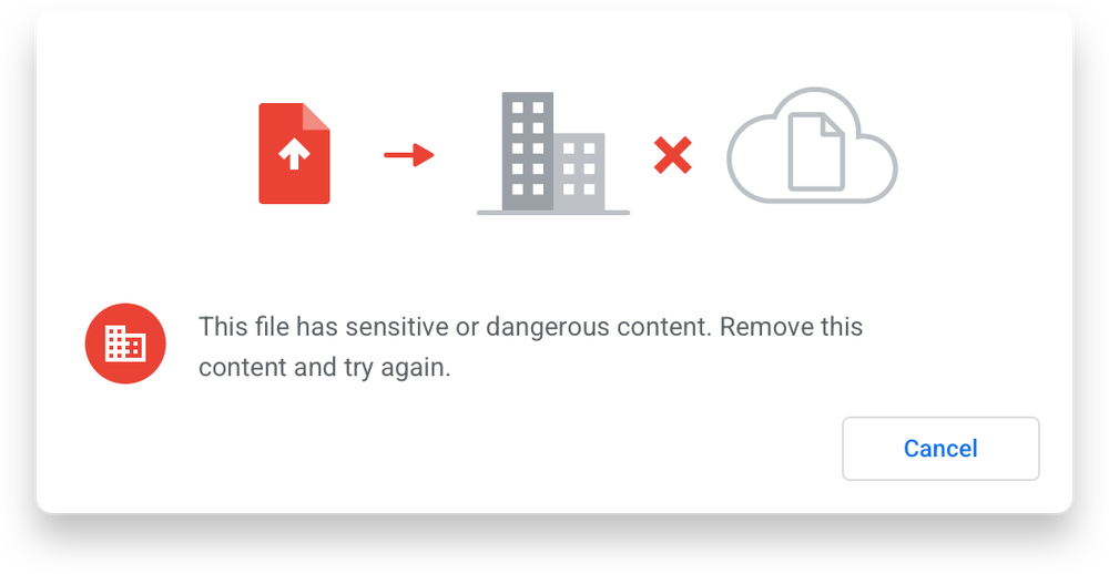 Notification that reads "This file has sensitive or dangerous content. Remove this content and try again.