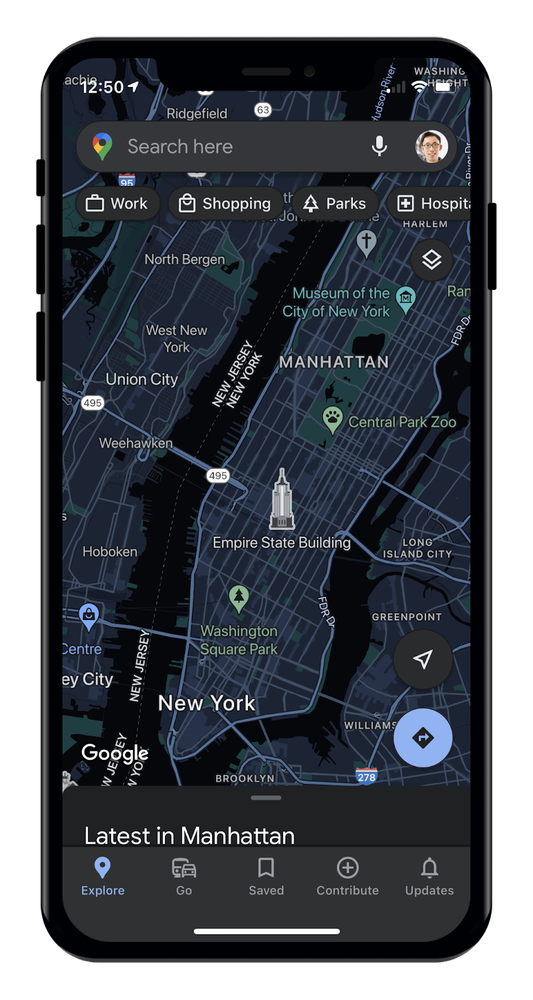 A screenshot of Google Maps on iOS in dark mode