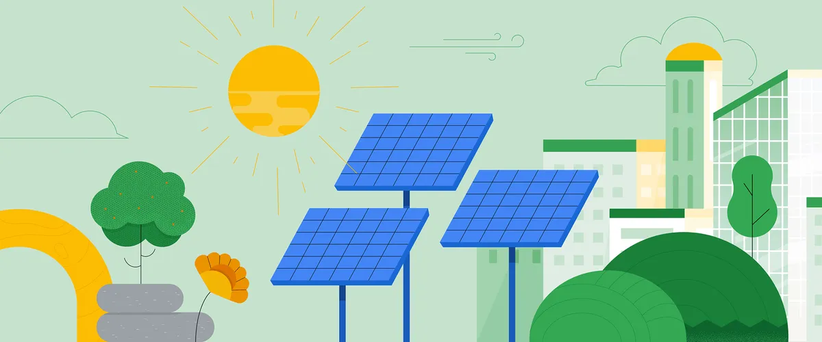 Illustration of blue solar panels next to plants and buildings under a bright sun.