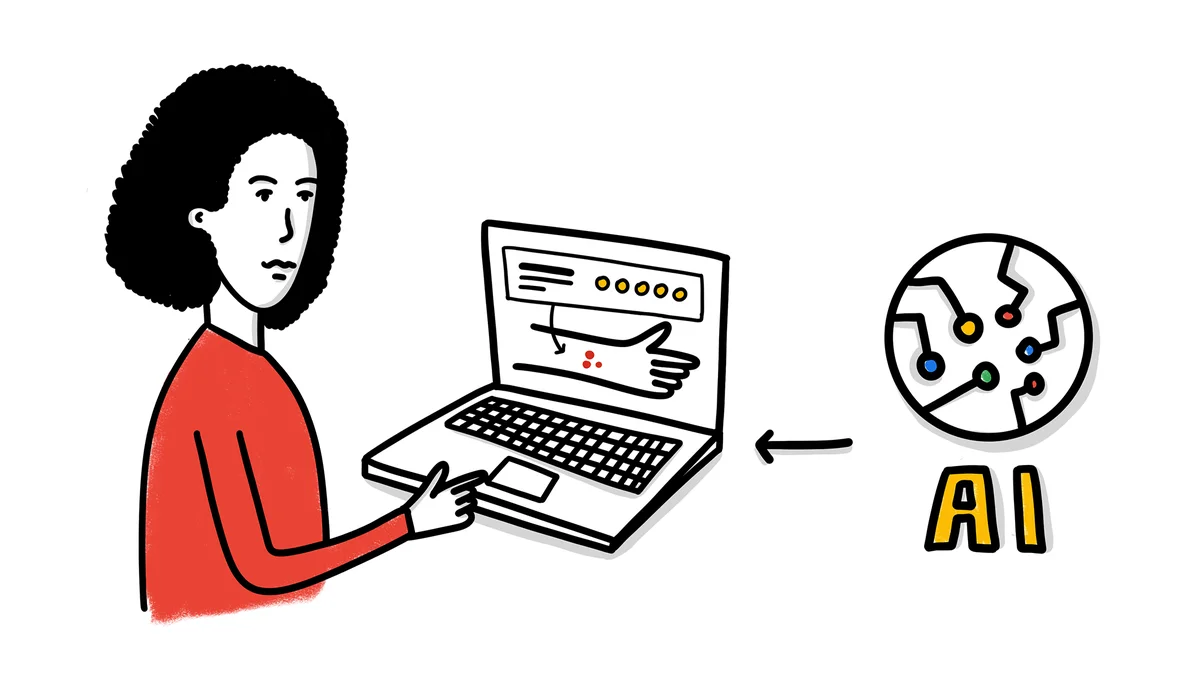 Illustration of a woman in a red shirt sitting at a computer with a bubble that says AI next to it.