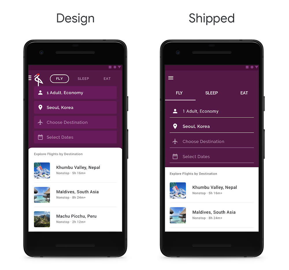 Two mobile phone screens showing the differences between what was designed, and what was sent into production.