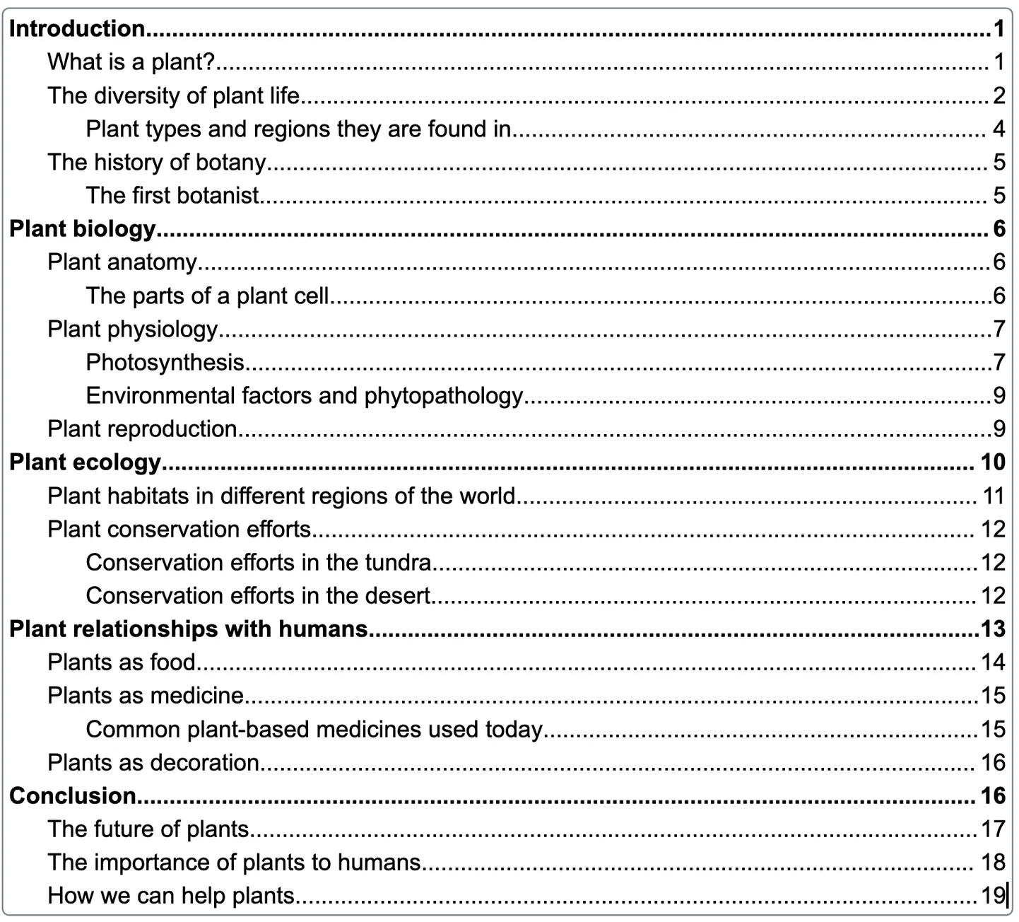 A tablet of contents in a Google Doc for a document about plant biology. The chapters/sections are on the left-hand side of the page and across from each, on the right-hand side, are the numbers indicating what pages <a href=