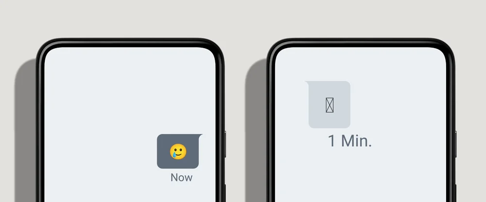 Illustration of two phone screens next to each other. One has a chat app open with emoji, and the other has a chat app open with empty boxes.