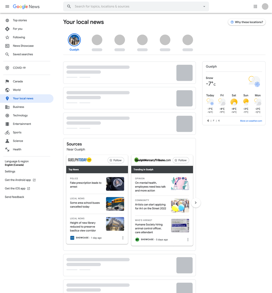 This image of a local Google News page shows an example of how News Showcase panels will appear to some publishers in Canada
