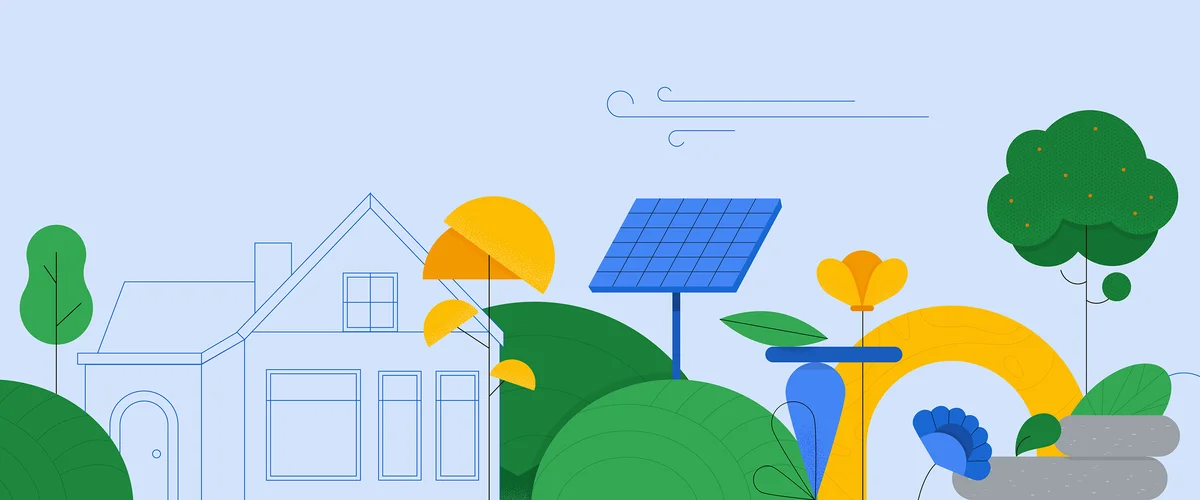 An illustration of a house and a solar power plant among trees and plants.