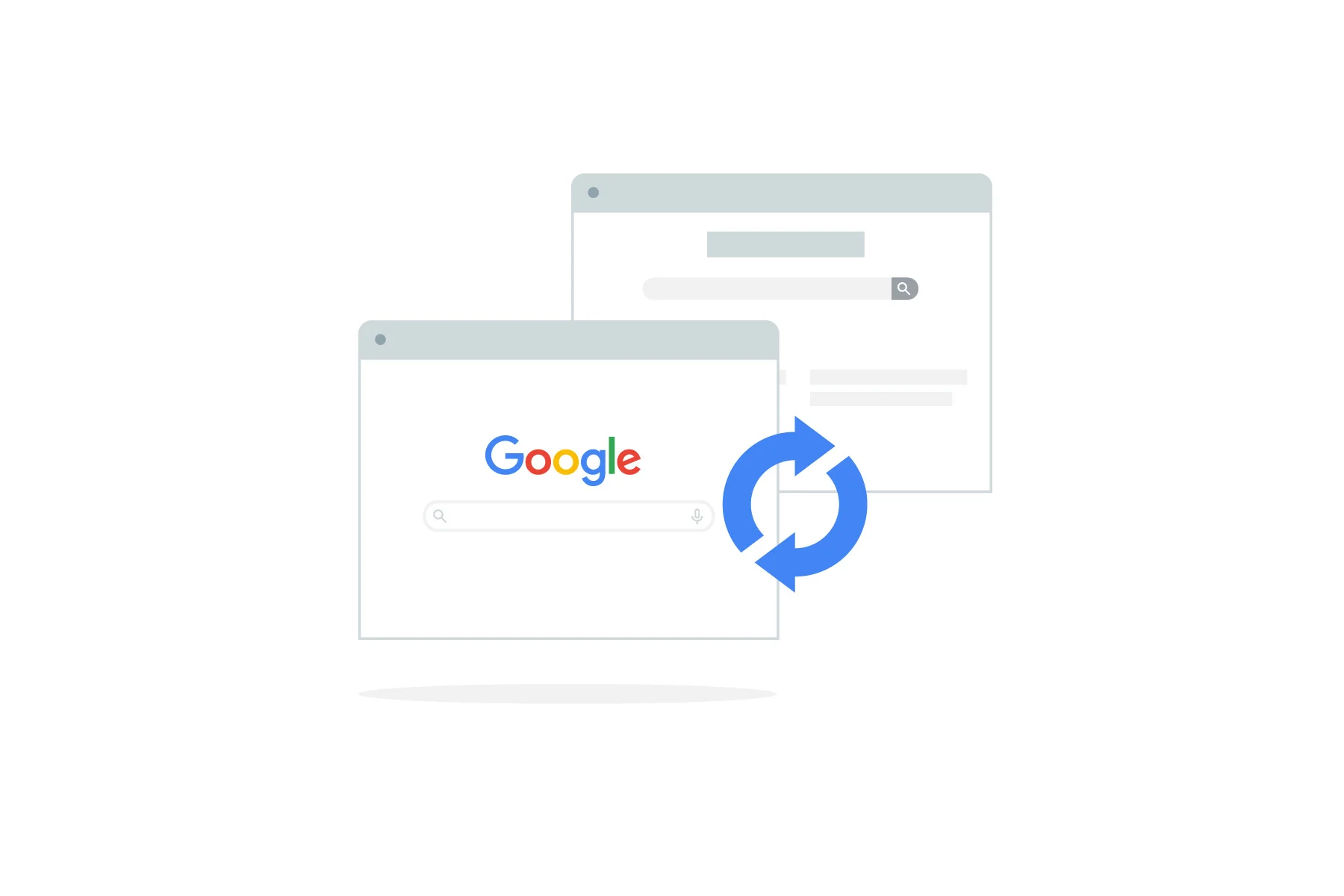 Two browser windows, one showing Google Search homepage and one showing another search homepage, with an icon representing easy switching.