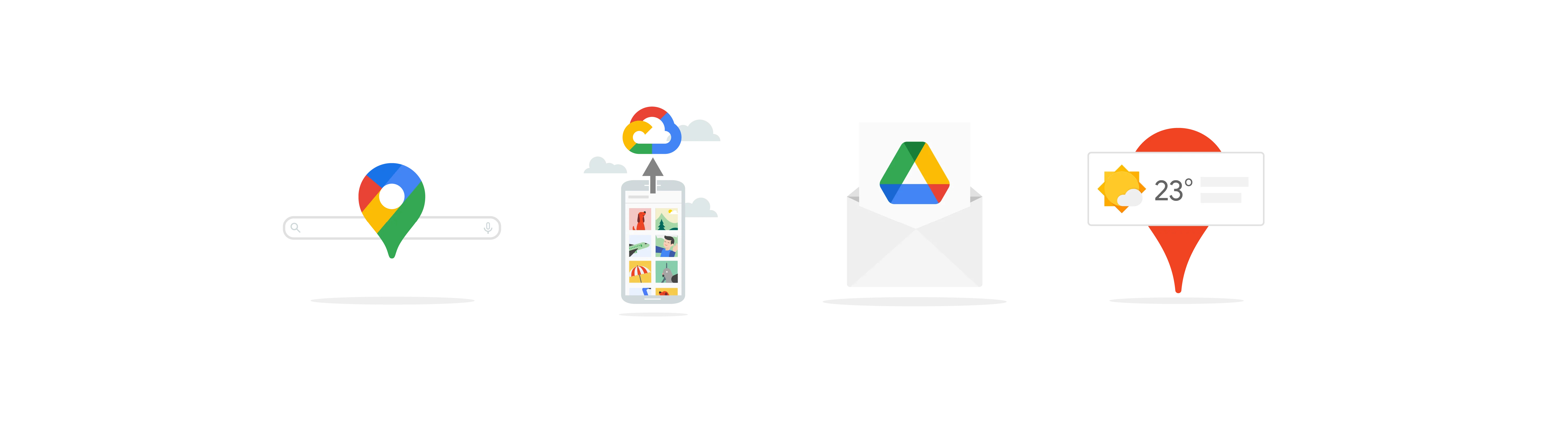 Four illustrations showing: the Google Maps logo on a search box, a mobile phone displaying photos and a Google Cloud icon (representing uploading to the cloud), an envelope open to show a piece of paper with the Google Drive icon, and a location pin with