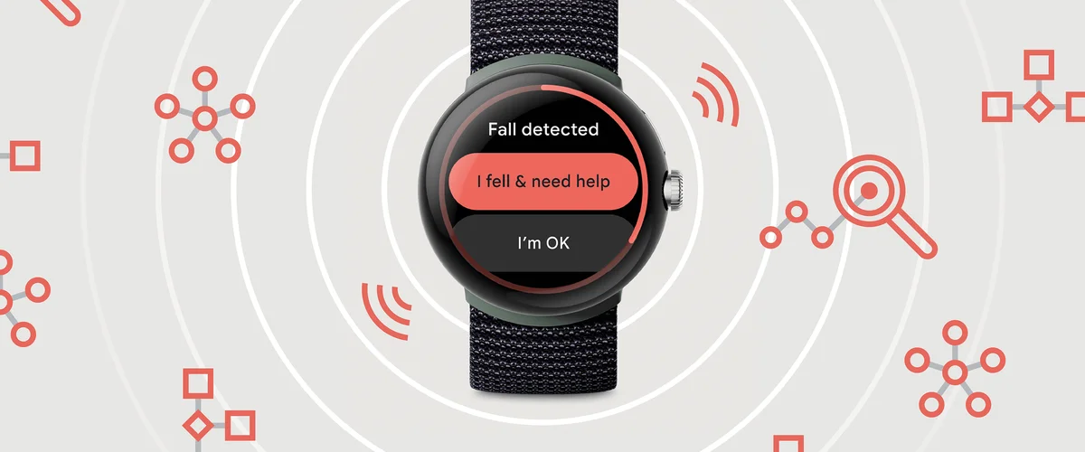 Google Watch interface that shows the on-screen notification saying "Fall detected" followed by two options to click: "I fell & need help" or "I’m OK."