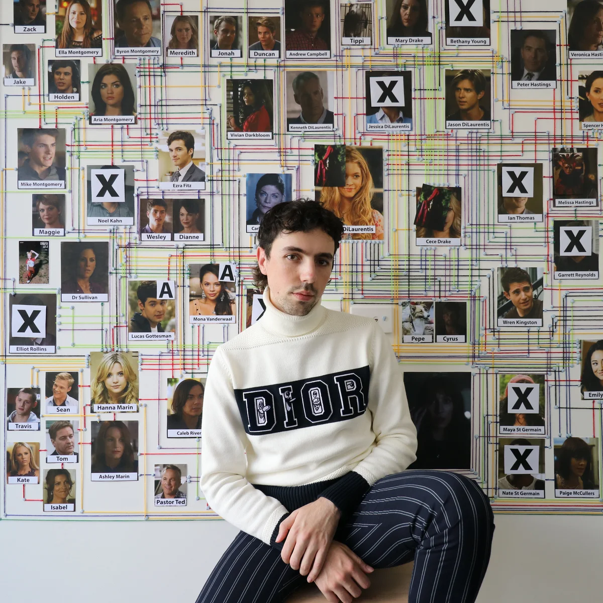 Mike wears a DIOR turtleneck, and sits in front a wall of photos of Pretty Little Liars characters, connected by coloured string