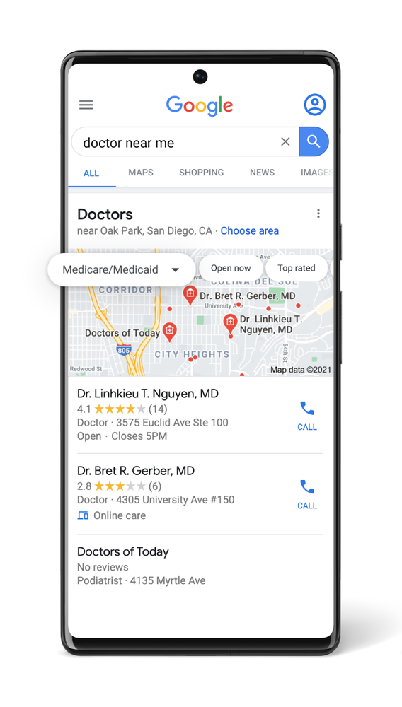 Screenshot of the search results for the query 'doctors near me', with the new feature that allows you to filter for doctors that accept Medicare and Medicaid. In the upper left corner of the Map, you can select a bubble that says 'Medicare/Medicaid' to filter the results.