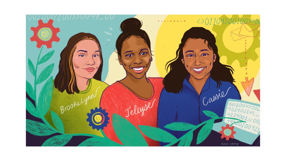 Illustration of three young women with their names written on their shirts: Brookelynn, Jeleyse and Cassie.