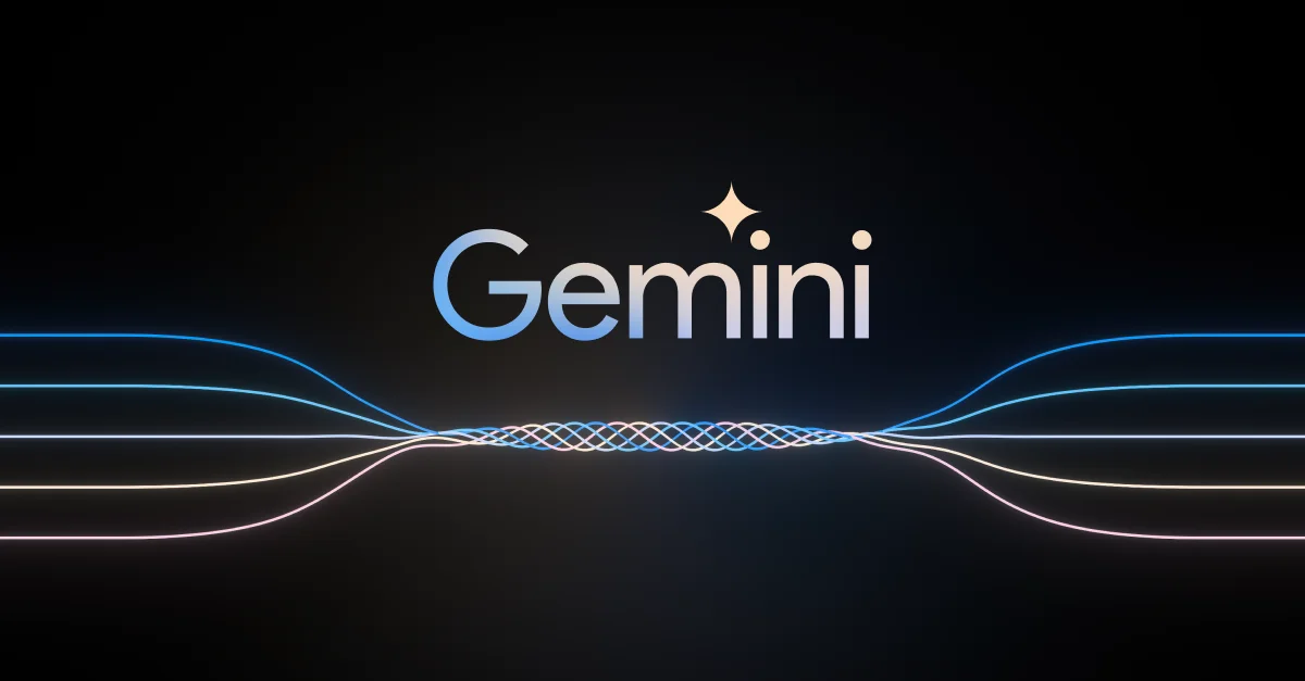 The word “Gemini” above five separate threads, each a different color, converge from the left into a three-dimensional central helix before separating back out toward the right into five individual strands once more.
