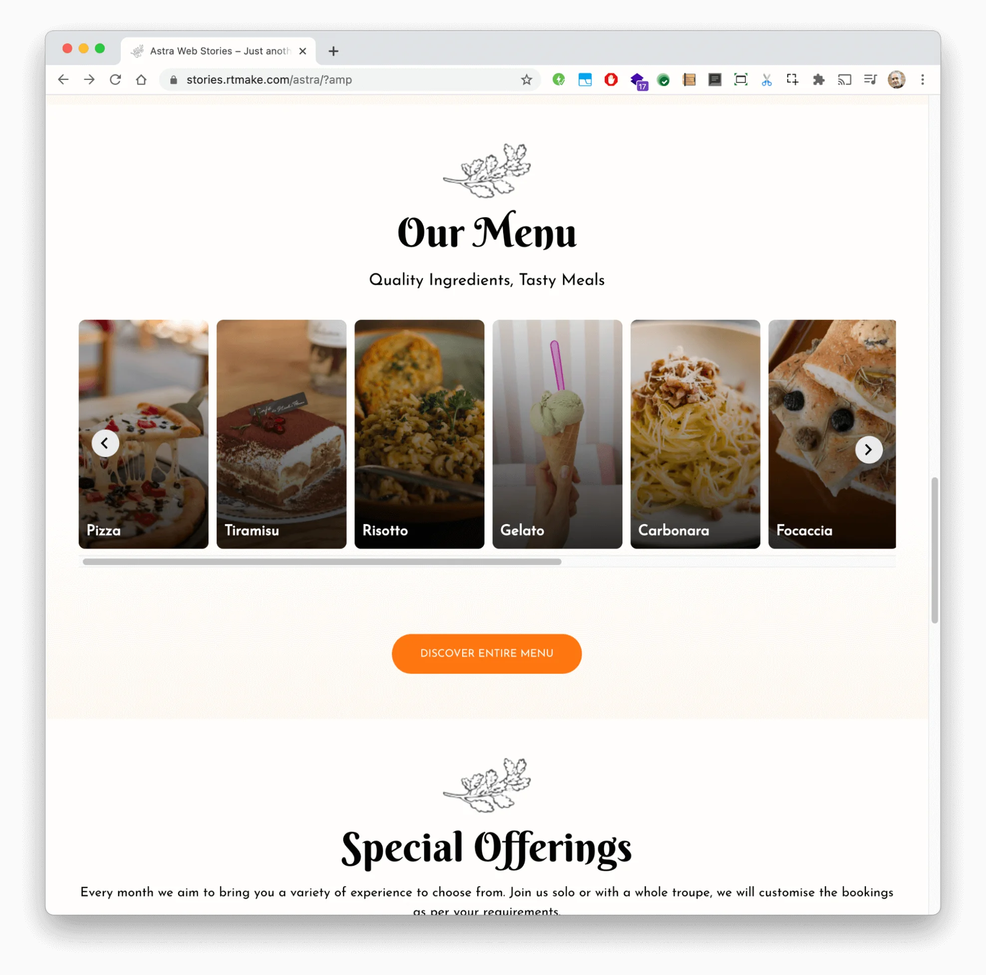 The menu page of a website where each dish is included in a Web Story carousel