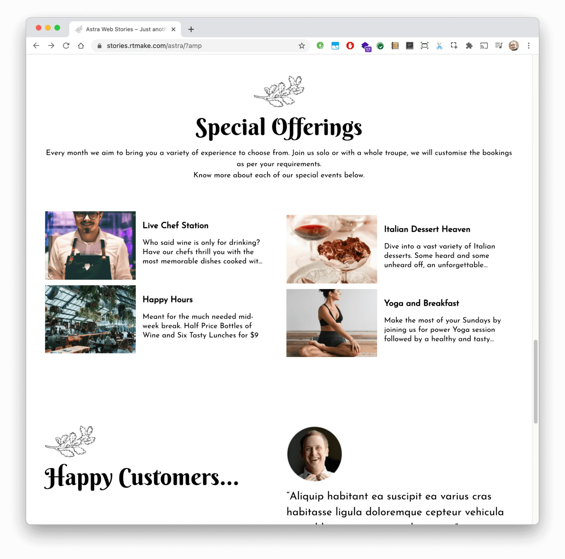 The special offerings page of a restaurant website with a 4 by 4 grid of content including dessert, happy hours, and a live chef station.