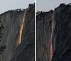 Two side-by-side photos of Horsetail Falls. One shows the falls glowing yellow, the other a reddish pink.