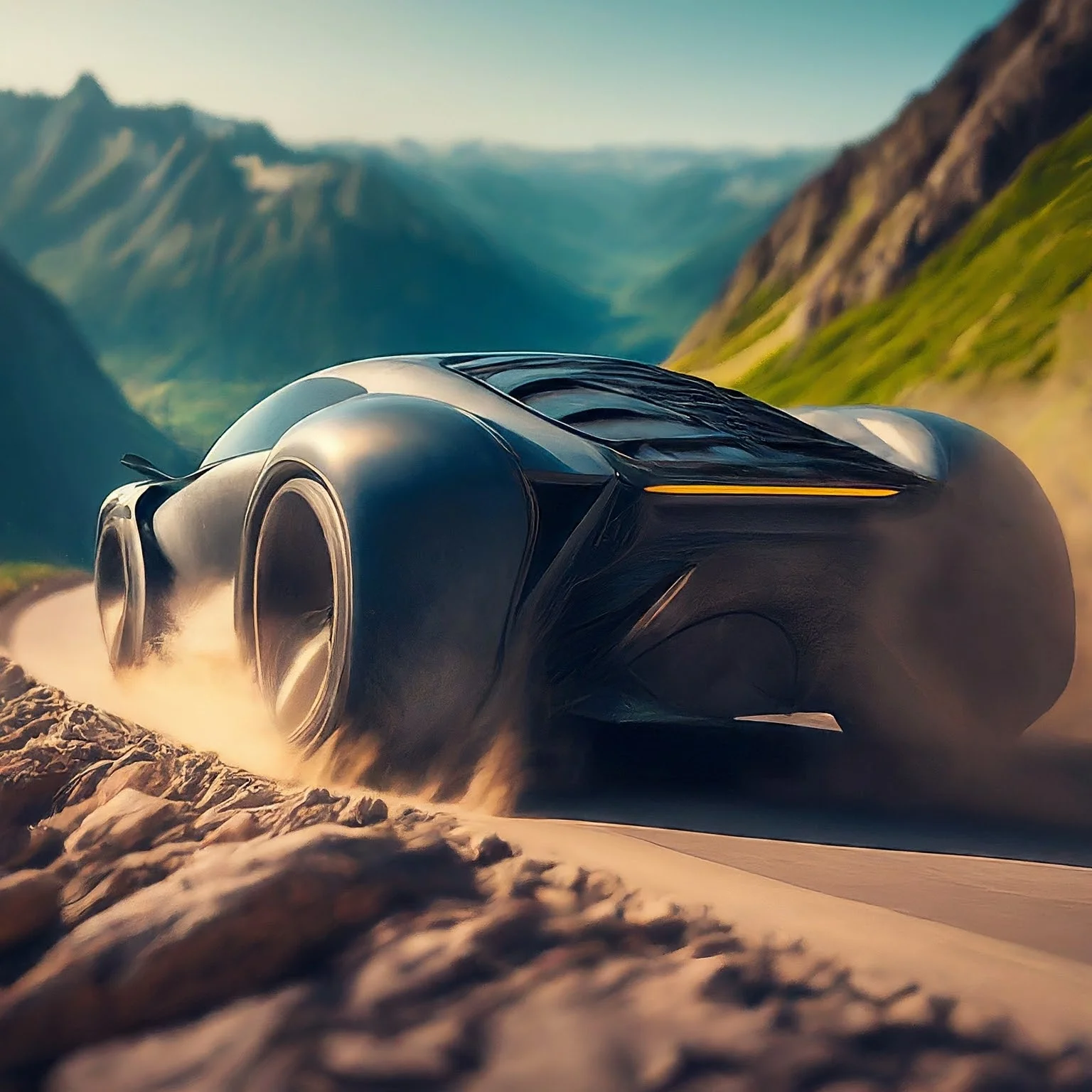 A futuristic automobile driving on a dirt road through the mountains.