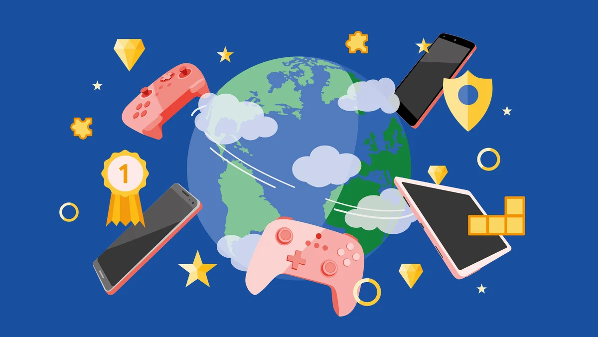 An illustration of a globe with games consoles, a tablet and two phones floating around it