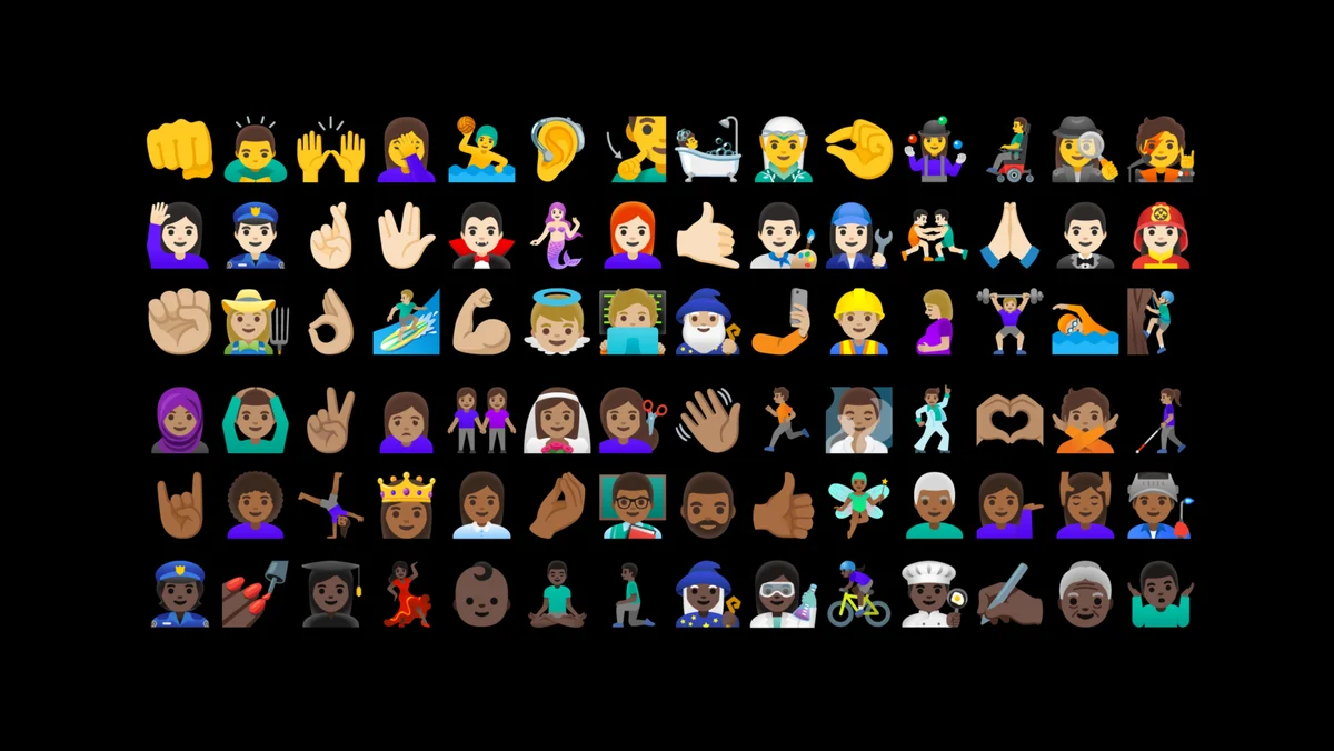 A grid of various people/hand gesture emoji, showing many different skin tone and gender options.