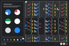 A screenshot of the global dashboard with a black background which shows six pie graphs on the left to indicate the global progress of each puzzle. On the right are rows and columns of dots with some filled in with gray, blue, red, green, yellow, and white colors.