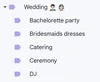 A drop-down of purple folders under a wedding label, including “catering,” “ceremony” and “DJ.”