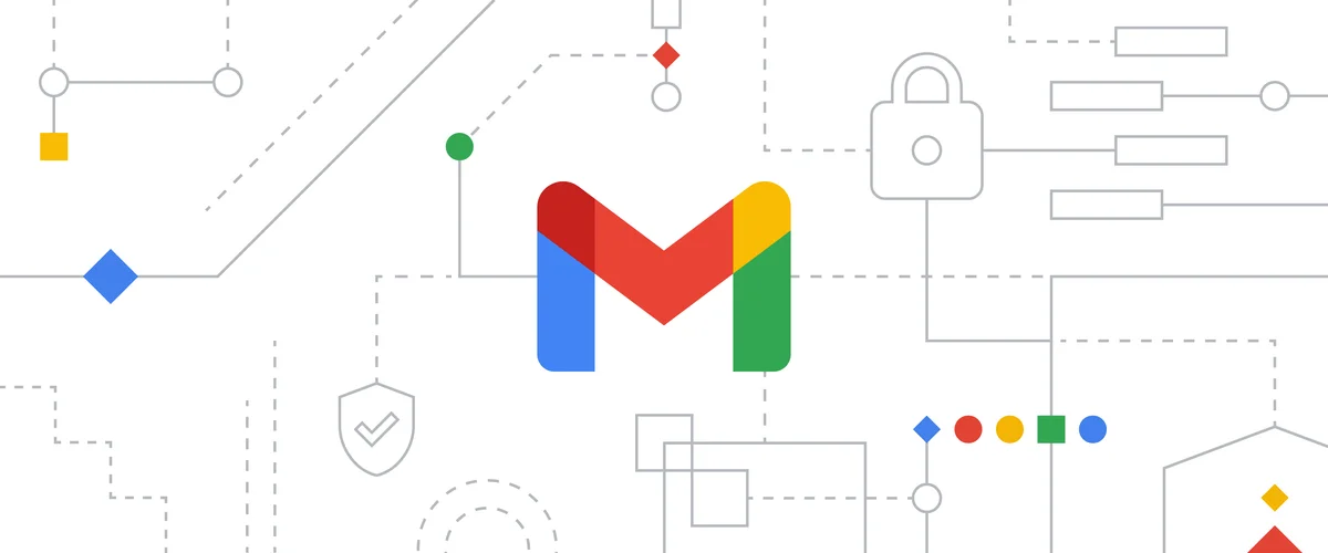 An abstract graphic showing the Gmail logo surrounded by security-related icons, like padlocks and shields.