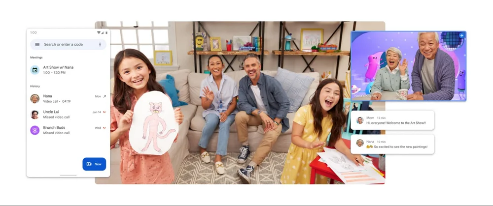 A mother, father, and two daughters sitting in a living room next to pictures of a Meet home screen, a photo of grandparents in a video chat and two text messages