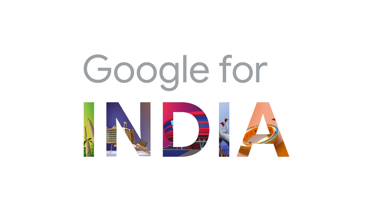“Google for India” in front of a white background. The text “India” features images of futuristic scenes and symbols of India