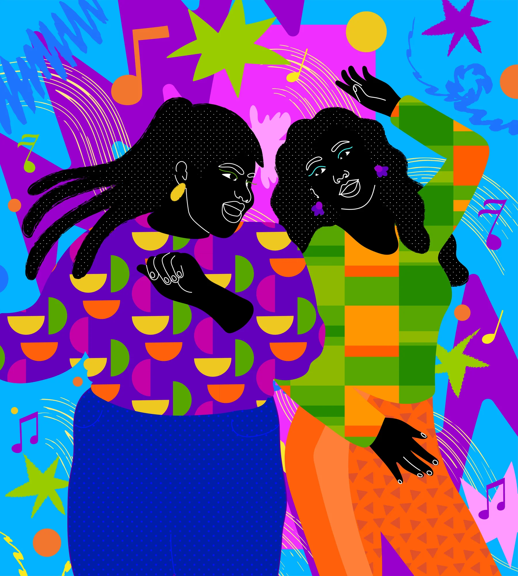Two women are dancing in the center, wearing blue and orange pants and tops with colorful geometric designs. Light blue, purple and orange and green music notes float in the background.