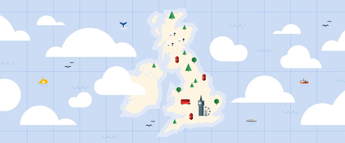 An stylised drawing of the map of the UK with clouds surrounding it